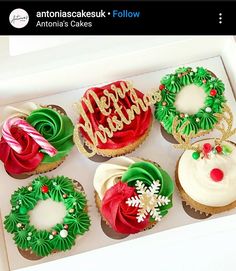 six decorated christmas cupcakes in a box with merry lettering on the front and side