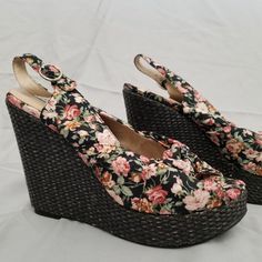 Nwot Never Worn Peep Toe Wedges! Black Espadrilles Wedged Has A Slight Sparkle With Pink Floral Pattern. Knotted Above Peep Toe. No Shoe Box Spring Open Toe Fabric Wedge Sandals, Spring Fabric Open Toe Wedge Sandals, Casual Floral Print Wedge Heel Sandals, Casual Floral Print Wedge Sandals, Casual Wedge Sandals With Floral Print, High Heel Fabric Wedge Sandals For Spring, Spring High Heel Fabric Wedge Sandals, Casual Fabric Wedge Sandals For Spring, Vintage High Heel Wedge Sandals For Spring