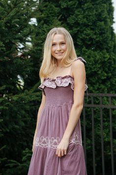 This dress is perfect for nearly everything! This one can be dressed up for weddings or dressed down for a girls day. The dainty little bows make this one so unique and girly! Girls Day, Red Thread, Dusty Purple, Smocked Top, Dress Dusty, Girl Day, How To Make Bows, Dressed Down, Ruffle Dress