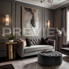 an elegant living room with grey walls and gold accents