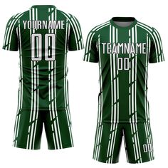 a green soccer uniform with white stripes and the name teamnamee 00 on it