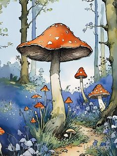 a painting of mushrooms in the woods