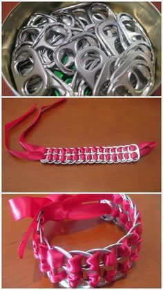 three pictures of different types of bracelets with pink ribbon and silver metal clasps