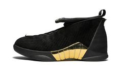 The Doernbecher x Air Jordan 15 is a member of the 2018 Doernbecher Freestyle Collection by Nike.  The annual collection of sneakers designed by patients at the Doernbecher Children’s Hospital in Portland, Oregon was highlighted in 2018 by this Air Jordan 15 that was designed by Donovan Dinneen.  The clean look features a black snakeskin-textured suede upper with shining metallic gold accents on the midsole and heel.  The colorway was inspired by Donovan’s favorite anime series.  The limited edi Jordan 15, All Jordans, Retro 11, Jordan 8, Air Jordan 12 Retro, Air Jordan 5 Retro, Jordan 12 Retro, Fresh Shoes, Air Jordan 4 Retro