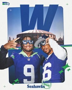 two football players pose for a photo in front of the stadium with their sunglasses on