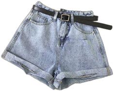 Casual Denim Bottoms With Belt, High Waist Denim Bottoms With Belt, Casual Belted Jeans For Spring, Casual High Waist Bottoms With Belt, Blue Belted Bottoms For Summer, Casual Spring Jeans With Belt, Blue Bottoms With Belt For Summer, Blue Summer Bottoms With Belt, Trendy High-waist Belted Shorts