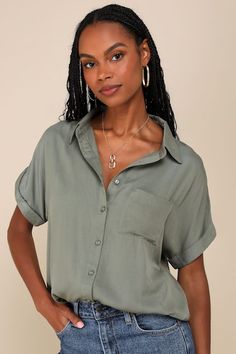 Keep it cute and classic in the Lulus Blythe Olive Green Short Sleeve Button-Up Top! Soft, lightweight woven fabric creates a collared neckline and cuffed, short sleeves. Relaxed bodice features a full button placket and front patch pocket. Notched, rounded hem. Pair with denim and a blazer for a casual-chic workday look! Fit: This garment fits true to size. Length: Above mid-thigh. Size medium measures 27.75" from shoulder to hem. Bust: Great for any cup size. Waist: Not Fitted - comfortable ro Versatile Summer Blouse With Button Closure, Versatile Summer Blouse With Collared Neckline, Versatile Collared Blouse For Summer, Casual Short Sleeve Blouse With Button Closure, Everyday Summer Tops With Cuffed Sleeves, Summer Tops With Cuffed Sleeves For Everyday, Trendy Summer Tops With Cuffed Sleeves, Solid Short Sleeve Shirt With Button Closure For Spring, Solid Short Sleeve Shirt For Day Out