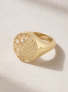 Sydney Evan describes its playful jewelry as, "classic served up with a twist." Crafted from 14-karat gold, this signet ring has a signature fishnet pattern and dotted with shimmering bezel-set diamonds in varying sizes. Signant Ring, Fishnet Pattern, Playful Jewelry, Pinky Rings, Diamond Signet Ring, Gold Signet Ring, Sydney Evan, Bezel Set Diamond, Pinky Ring