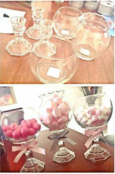 there are some candy in glass bowls on the table