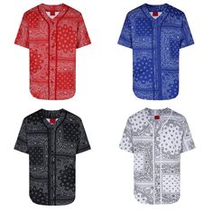 Men's bandana printed baseball jersey Color : Red, Blue, White, Black Size : Small to 5XL Material : 60% Cotton 40% Poly Fit : Regular fit ( True to Size ) Size chart                                S               M              L                XL              2XL             3XL           4XL          5XL Chest                   21               22            23               24               25               26               27            28 Bottom                21               22            23               24               25               26               27            28 Back Length       29               30           31                32               33              34               35           36 Casual Blue Baseball Jersey, Casual Blue Top With Baseball Collar, Casual Blue Baseball Jersey With Graphic Print, Casual Blue Baseball Jersey For Streetwear, Red Baseball Collar Top For Streetwear, Streetwear Cotton Tops With Bandana Print, Red Cotton Casual Baseball Jersey, Casual Red Cotton Baseball Jersey, Casual Red Short Sleeve Baseball Jersey