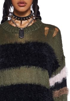 This sweater has a stretchy loose knit yarn construction, fuzzy faux fur detailing, a striped design, distressed detailing, and an oversized fit. Current Mood Clothing, Get A Life, Loose Knit, Current Mood, Green Sweater, Oversized Sweater, Dolls Kill, Knitting Yarn, Stripes Design