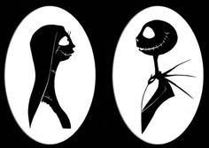 the silhouettes of two people in oval frames, one with an alien head on it