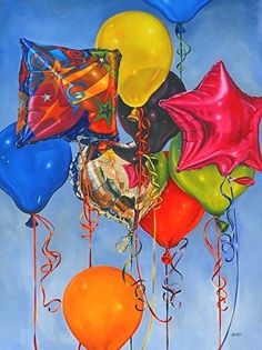 a painting of balloons and streamers on a blue background