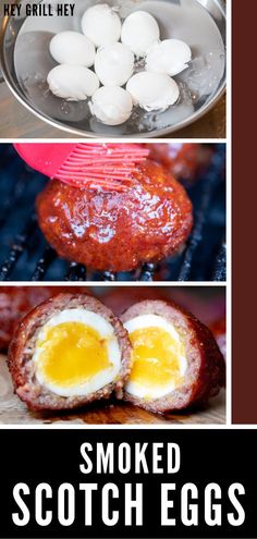 some food that is being cooked on a grill with the words smoked scotch eggs above it