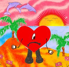 a painting of a heart with arms and legs in front of the ocean, palm trees and dolphins