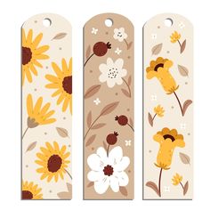 three bookmarks with sunflowers and daisies on them, one is yellow