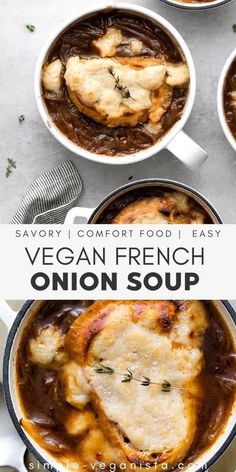 four bowls of vegan french onion soup