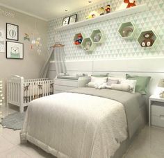 a baby's room is decorated in pastel colors