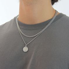 A timeless, durable and stylish stainless steel necklace set for men that is perfect for any occasion, and will not tarnish or rust over time, even when worn in the water. 💎Free shipping on all orders💎Waterproof and non-tarnish💎Packaging that is ready to offer as a gift💎Customizable chain length Wear both necklaces together or wear them separately for different looks! The beauty of a necklace set lies in its versatility: you can wear both necklaces together, the chain alone or the pendant ne Short Silver Necklace, Silver Necklace Set, Coin Pendant Necklace, Mens Silver Necklace, Mens Jewelry Necklace, Steel Necklace, Coin Pendant, Stainless Steel Necklace, Necklace Sizes