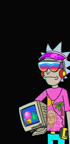 a cartoon character holding a computer monitor and wearing headphones on his ears, standing in front of a black background