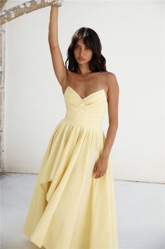 Yellow Bridesmaid, White Strappy Heels, Bridal Shower Dress, Pleated Top, Shower Dresses, Strapless Maxi, Strapless Maxi Dress, Dress Yellow, Long Sleeve Lace Dress