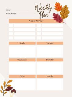 a printable weekly planner with autumn leaves and acorns on the page,