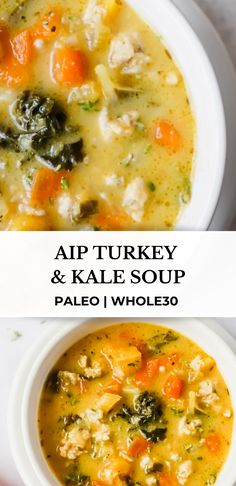 two bowls of chicken and kale soup on top of each other with the title above it