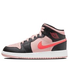 Let your little one show off their style with the Air Jordan 1 Mid GS ‘Black/Pink/Crimson’! Equipped with comfort and support, this sneaker is a great choice whether they’re hitting the court or just running around. The body of the shoe is crafted from high-quality leather in both pink and black shades - making it thoroughly fashionable and stylish. Your family will love the iconic Nike swoosh logo, located on the side of the shoe in blazing hot pink. White accents on the midsole ramp up the cla Jordan 1 Mid Pink, Air Jordan 1 Mid Black, Air Jordan 1 Mid Gs, Black Shades, Light Sneakers, Haikou, Kids Basketball, Nike Swoosh Logo, Mid Top Sneakers