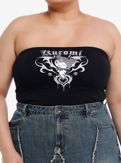 Slay  baddie! Join the Kuromi Five in this crop tube top! Featuring Kuromi posing coyly in front of a Y2K-inspired design  plus her name up top and rhinestone detailing.95% polyester; 5% spandexWash cold; dry lowImportedModel is 5'10''Model wears size 1 Hot Topic Plus Size, Kuromi Y2k, Slay Baddie, Cute Plus Size Clothes, Plus Size Y2k, Anime Tank, Plus Size Cropped, Right Arrow Icon, Y2k Rhinestone