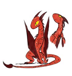 a red dragon sitting on top of a white floor next to another orange dragon with yellow eyes