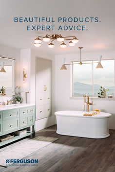 a bathroom with a tub, sink and large window that says beautiful products expert advice