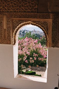 an arch in the wall with pink flowers on it and a view of a city