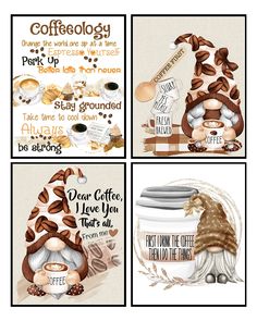 four coffee themed cards with different sayings