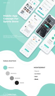 the mobile app concept for sports store is shown in three different colors and sizes, including blue