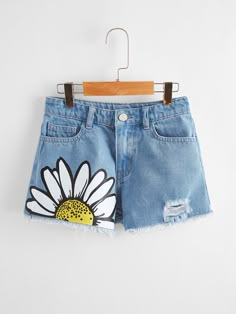 Medium Wash    Denim Floral Wide Leg Embellished Non-Stretch  Girls Clothing Denim Jacket Diy Paint, Custom Jeans Diy, Painted Shorts, Diy Denim Jacket, Painted Clothes Diy, Clothes Embroidery Diy, Girls Denim Shorts, Denim Art, Dance Outfit