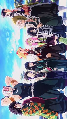 anime characters standing together in front of the sky