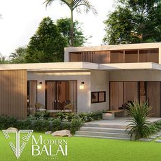 the modern house is surrounded by greenery and palm trees