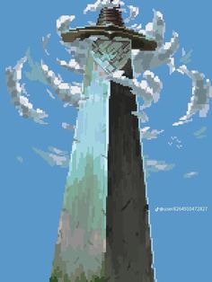 a pixelated image of a tall tower with a hat on it's head