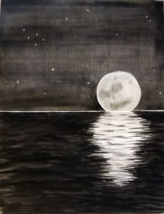 two birds sitting on a branch in the water at night with a full moon behind them