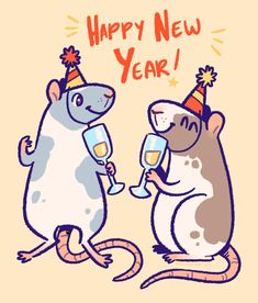 two cartoon mice holding champagne glasses and celebrating new year