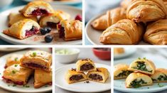 several different pictures of pastries on white plates with blueberries and raspberry filling