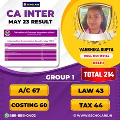 the poster for ca inter result is displayed in front of a purple and yellow background