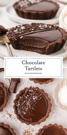 chocolate tartles are on plates with spoons next to them and the text overlay reads, chocolate tartles