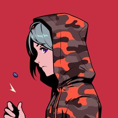 an anime character wearing a camo hoodie and pointing to the left with his finger