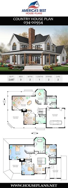 two floor plans for a country house plan, with the first and second floors open