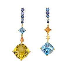 Evening Primrose earrings are designed to accentuate individuality with magnificent shades of golden citrine and London blue topaz. Delicate yet strong, these drops sparkle in the sunlight, dazzled with cognac and yellow diamond accents. 18k yellow gold Golden citrine, 14ctw London blue topaz, 9ctw Diamonds, 0.24ctw In stock Luxury Yellow Gold Topaz Earrings, Luxury Yellow Gemstone Earrings, Luxury Gold Topaz Earrings, Luxury Topaz Drop Earrings, Yellow Fine Jewelry Earrings With Gemstone Accents, Luxury Topaz Gemstone Earrings, Ear Drops, Nice Nails, Evening Primrose