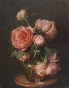 a painting of pink flowers in a green vase