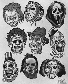 several scary faces drawn in black and white