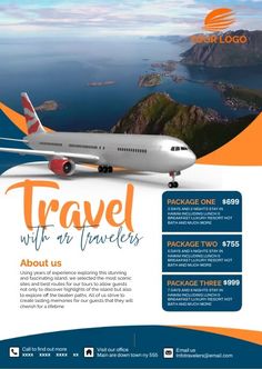 a travel flyer with an airplane flying over the ocean and mountains in the background,