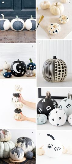 pumpkins decorated with black and white designs are displayed on the floor in different ways